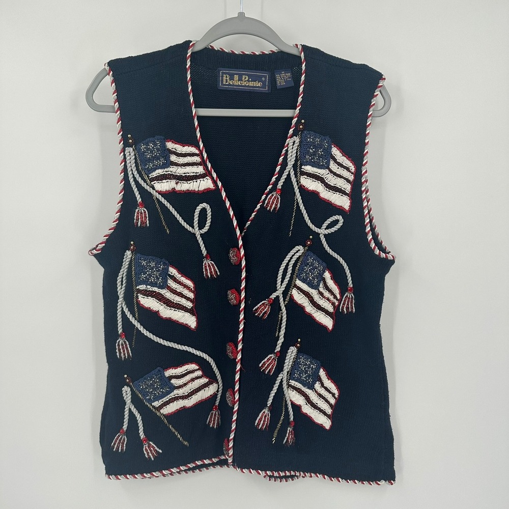 Belle Pointe Womens Patriotic American Flag Knit Sweater Vest Size M Beaded